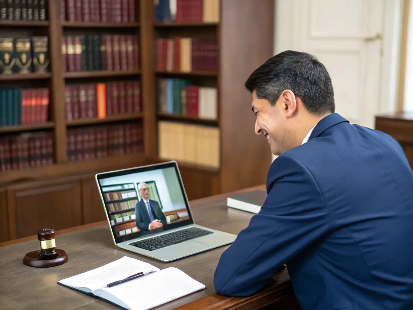 A professional lawyer providing online legal consultation via a secure video call, ensuring client confidentiality and convenience.
