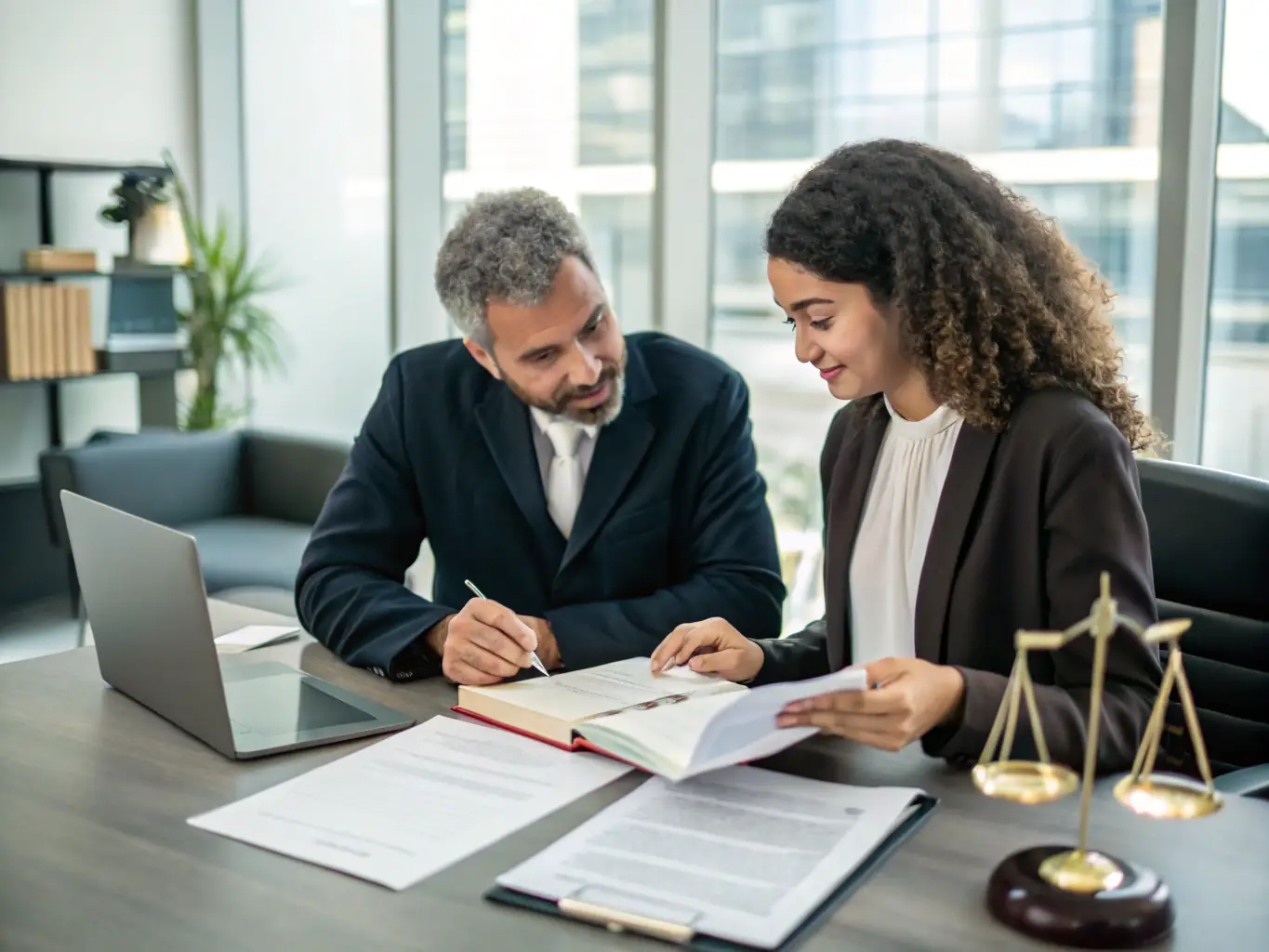 Two lawyers in a modern office setting, conducting a detailed video call consultation with a client, discussing legal strategies and options.